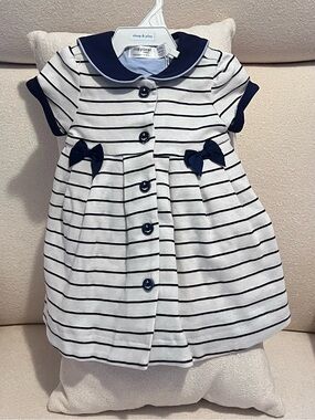 Mayoral Navy and White Striped Dress with Bows